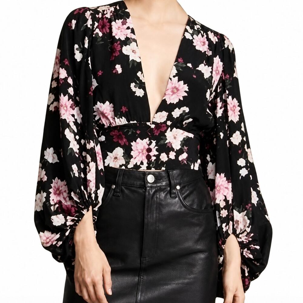 EQUIPMENT Femme Silk Blouse Cropped Black Floral SZ XS Designer Romantic Luxury